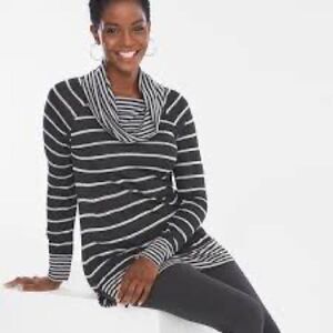 Chicos Zenergy size 3 Cowl Neck Black Gray Striped Tunic Pullover Viscose Blend